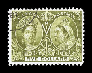 65, 1897 $5.00 Jubilee, select used example with light black c.d.s. cancel in the top left corner leaving the Queens faces cancel free, deep and luxuriant color, quite well
centered, very fine (Unitrade C$1,500.00).