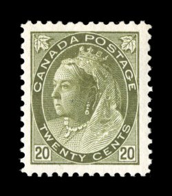 84, 1900 20c Olive green Numeral, marvelously well centered within extraordinarily large jumbo margins, beautiful rich and a sharp impression on bright white paper, o.g,
faintly hinged, extremely fine gem 2007 PF certificate (Unitrade C$800.0