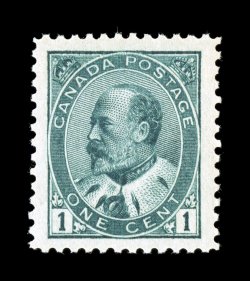 Unitrade 89iii, 1903 1c Blue green, marvelously well centered amid enormous margins, rich vibrant color in the blue green shade and a highly detailed impression on brilliantly
white paper, pristine o.g., n.h., extremely fine a lovely gem (Scott