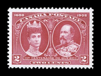 98, 1908 2c Tercentenary, extraordinarily large and exceedingly well balanced margins all around, deep vibrant color on fresh paper, pristine o.g., n.h., extremely fine gem
(Unitrade C$150.00).