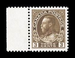 108c, 1923 3c Brown, dry printing, left sheet-margin imprint single, exceedingly well centered within uncommonly large margins, deep luxuriant color and an especially intense
impression, unblemished o.g., n.h., extremely fine (Unitrade C$75.00).