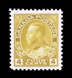 110b, 1922 4c Olive yellow, wet printing, lovely mint single, exceptionally well centered within uncommonly large margins, deep rich color, pristine o.g., n.h., extremely fine
and quite choice (Unitrade C$195.00).