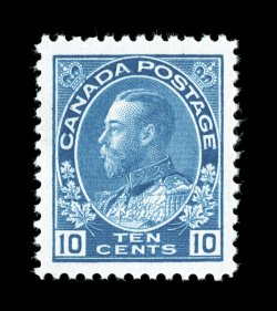 117, 1922 10c Blue, wet printing, marvelously well centered mint single possessing exceptionally large even margins, vibrant deep color on fresh white paper, immaculate o.g.,
n.h., extremely fine gem not at all common in this premium quality (U