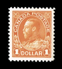 122, 1923 $1.00 Orange, dry printing, beautifully centered mint single, possessing lavish balanced margins, intense vibrant color and razor-sharp impression, o.g., n.h.,
extremely fine gem (Unitrade C$375.00).