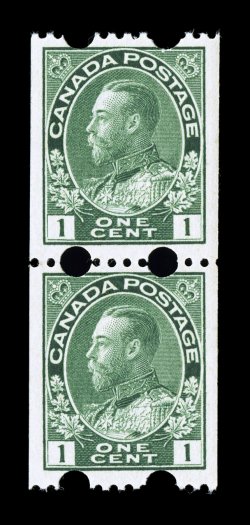 Unitrade 131iv, 1918 1c Dark green, wet printing, experimental Toronto coil, attractive pair of this rare coil issue with two large perforations in addition to the normal
perforation 12, intended for use with vending machines that were being exp