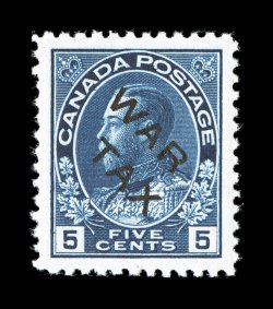 Unitrade MR2B, 1915 5c Blue with WAR TAX overprint, excellent centering within large margins, exceptionally deep rich color, o.g., n.h., slightly uneven perforations at left,
still extremely fine for this rare stamp.