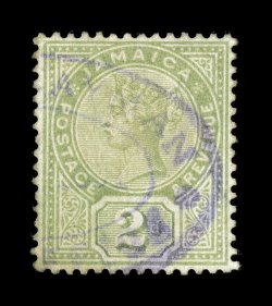 A4, Jamaica 2p Green, exceedingly well centered single with right half of the purple oval Grand Cayman S.G. Type Z1 pmk. of Georgetown showing nearly the full Cayman portion of
the cancel, dated 1891, stamp is slightly discolored as is frequen