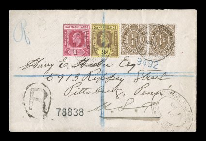 2255, Five attractive covers, two from the late Edward VII period with 14p Brown franking (31) in combination with other values, one is a nice registered cover out of Cayman
Brac to the United States, plus three George V covers from small sca