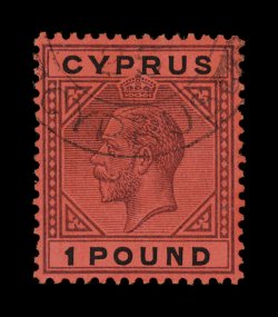 88, 1923 £1 Violet and black on red, an unusually handsome single of this key high value, radiant colors, especially well centered, portion of light double-circle c.d.s., very
fine and exceedingly choice an exceptionally elusive stamp in premiu