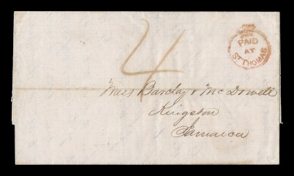 S.G. CC1, PaidatSt. Thomas Crowned-circle red handstamp, handsome strike on entire folded letter to Jamaica, small St. ThomasMY 15 1861 double-arc c.d.s.. on the reverse, rated
4 pence for inter-island mail in the Caribbean and backstam