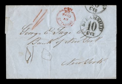 S.G. CC1, PaidatSt. Thomas Crowned-circle red handstamp, clear strike on 1851 entire folded letter to the United States, large St. ThomasSE 20 1851 double-arc c.d.s. on the
reverse, rated 1- in red crayon and receiving a bold Steamshi