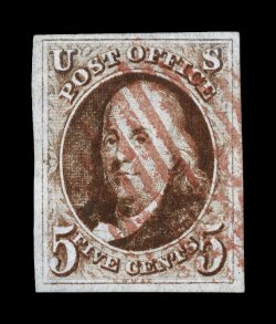 1a var., 5c Dark brown, dot in S variety, pretty used example in a particularly deep shade, exceptionally strong and detailed impression which shows the variety extremely well,
plus four large and nicely balanced margins, central red square gr