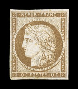 1a, 1850 10c Dark Bister on yellowish, attractive mint single possessing four large balanced margins, fresh deep color and detailed impression, full o.g. with only a trace of
hinging, very fine an exceptionally choice example of this First Issu
