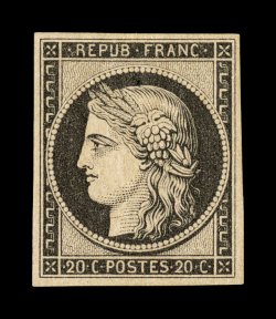 3, 1849 20c Black on yellowish, beautifully centered mint single within four large even margins, rich black color on a strong yellowish paper, full o.g., lightly hinged,
extremely fine (Yvert 3 Ç450).