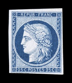 6a, 1850 25c Blue on bluish, a pristine mint single of the deep shade of this scarce value, brilliant color on fresh bright paper and prooflike impression, well clear to
extra-large margins all around, full o.g., never hinged, very fine and