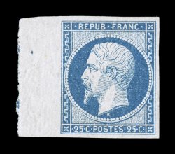 11, 1852 25c Blue on bluish, an impressive left sheet-margin mint single with large balanced margins on the other three sides as well, extraordinarily fresh in every regard
with bright color on pristine paper, clean detailed impression, full fla