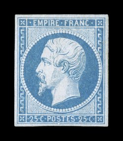17, 1853 25c Blue on bluish, lovely mint single of this scarce value, full even margins all around, fresh bright color and sharp impression, full o.g., very fine and choice, a
rare stamp in this select mint quality signed A. Brun, S. Sorani (Yv