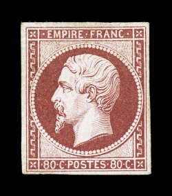 19, 80c Lake on yellowish, mint single with strong rich color, large even margins all around, o.g., lightly hinged, choice very fine (Yvert 17A Ç5,000).