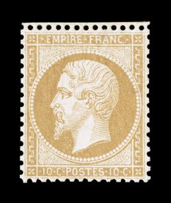 25, 1862 10c Bister on yellowish, marvelously well centered mint single with perforations well clear of the design, not often encountered on this first perforated issue,
sumptuous rich color and impression, full o.g., very lightly hinged, extrem