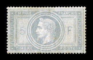 37c, 1869 5Fr Bluish gray, mint single of this scarce high value in the bluish gray shade, quite well centered, full o.g., lightly hinged, tiny filled thin spot that is barely
perceptible, very fine appearance signed R. Calves (Yvert 33a Ç7,5