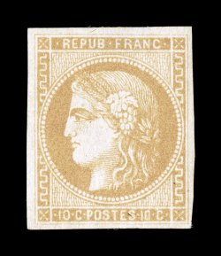 42, 1870 10c Bister on yellowish, Ty. A, attractive mint single, four large balanced margins , fresh color on bright paper, o.g., quite lightly hinged, very fine signed R.
Calves (Yvert 43A Ç1,000).