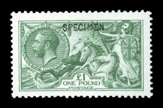 S.G. 399s-403s, 1913 26 to £1 Waterlow Seahorses, with handstamped Specimen cplt., well centered and strong colors, no gum, 5- with a few short perfs., very fine and attractive
set of these rarely offered specimens (Scott 173S-76S).