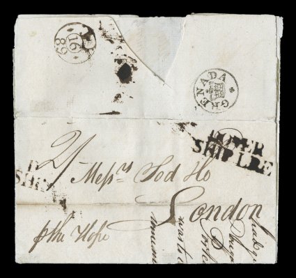 1789 Grenada and Crown in circle, beautiful strike of the first handstamped marking of Grenada, on reverse of entire folded ship letter to London, bold DoverShip Lre two-line
handstamp on the front, p the Hope ms. routing instruction and 