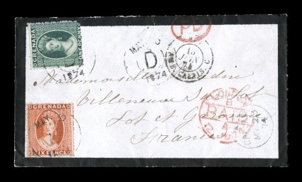 6, 7 1873-74 1p Blue green and 6p Orange vermilion, both intermediate perf. 15, wmk. large star, 1p with sideways wmk. and rounded corner perf. at bottom right, tied to lovely
and rare mourning cover to France by clear DMay 10 1874 c.d.s.