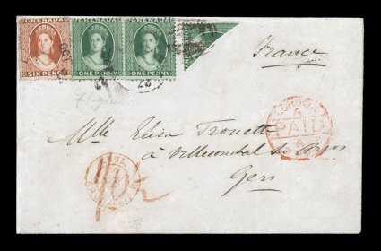 7Aa 1875 1p Green, perf. 14, wmk. large star, diagonal bisect, along with two singles of the 1p and an 1873 6p Orange vermilion (S.G. 7, 7A), on wonderfully attractive 1877
cover to France (cover professionally and amazingly well restored, the