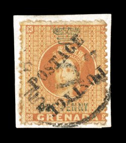 15a, 1883 Half of 1p Orange revenue with provisional Postage overprint, unsevered pair, tied to piece by D cancel of Grenville used on June 6, 1883, quite well centered for
this, light gum staining to perfs., otherwise very fine (S.G.29a £