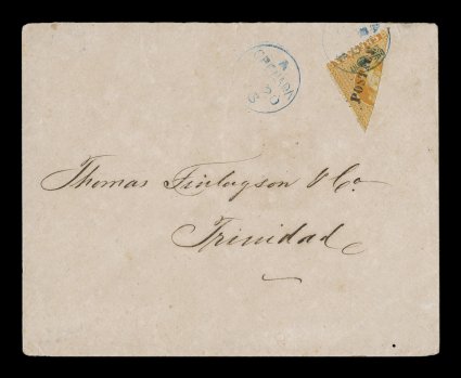 16, 1883 half of 1p Orange revenue with provisional Postage overprint, neatly tied to unsealed envelope to Thomas Finlagson & Co. in Trinidad by small blue GrenadaJA 20 83
c.d.s. with index letter A, trivial pinhole at bottom right of cov