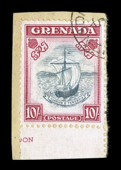 142a, 1943 10- Rose Carmine and grey blue, perf. 12, bottom sheet margin single showing a portion of the imprint, tied to piece by portion of c.d.s. cancel, well centered, very
fine there are numerous printings of this value, but this exceptio