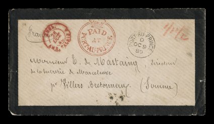S.G. CC3, PaidatPort-au-Prince Crowned-circle red handstamp, an attractive strike of this large type 1b marking on 1880 mourning cover to France with Port-au-PrinceOC 9 80
British Agency c.d.s. at right, rated 11 12 in red crayon with