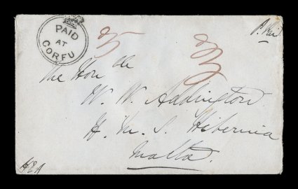 S.G. CC2, PaidatCorfu Crowned-circle black handstamp, extraordinarily sharp strike of this attractive marking on petite 1845 cover to Malta, rated 3 pence in manuscript and P.
Paid in the top right corner, large double-arc Malta backstam