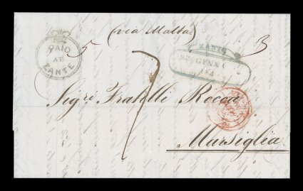 S.G. CC4, PaidatZante Crowned-circle blue handstamp, beautifully struck on 1849 folded cover with matching Zante23 Gennaio1849 oval with scroll pmk. at right, posted to
Marseilles, rated 7, Malta double-arc transit on the reverse and r