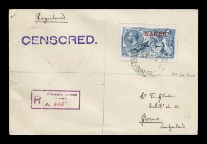 115, 1916 12p to 10- Nauru overprints cplt. for all values as originally issued, less only the 1 12p value which was not issued until 1923, the three high values are De La Rue
printings, all tied to eight similar registered covers to Switz