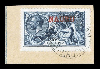 15c, 1916 Nauru overprint on 10- Indigo, the extremely rare Waterlow printing with marvelously intense color on bright white paper, tied to piece by P.O. Pleasant
Island(Nauru)AP 8 ? c.d.s., well centered and surrounded by full even perfo
