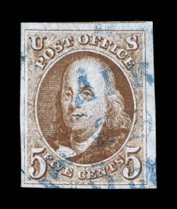 1d, 5c Brown orange, a wonderfully choice used example of this very scarce shade, featuring large margins all around including a huge sheet-margin at right, gorgeous rich color
in an unmistakable Brown orange shade, highly detailed impression on