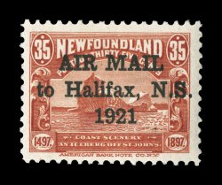 C3f, 1921 35c Red with Air Mailto Halifax, N.S.1921 overprint, 1 12mm between Air and Mail  a lovely well centered mint single of this scarce variety, being only one position
in the setting of 25, exceptionally well centered with large