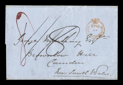 S.G. CC1, PaidatAuckland.New.Zealand Crowned-circle red handstamp, clear strike on 1848 folded cover to the Camden, New South Wales, AucklandNew-ZealandNO 28 1848 double-arc
c.d.s. on the reverse, rated 8 and 18, large Sydney transi
