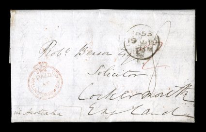 S.G. CC8, PaidatWellington.New.Zealand Crowned-circle red handstamp, clear strike on 1853 entire folded letter to England, well struck WellingtonNew-ZealandMR 15 1853
double-arc c.d.s. on the reverse, rated 8 in manuscript, London tran
