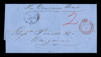 S.G. CC8, PaidatWellington.New.Zealand Crowned-circle red handstamp, a wonderfully well struck example of this frank on domestic entire folded letter to Wanganui, marked Per
Overland Mail at top, WellingtonNew-ZealandFE 3 1862 rimless