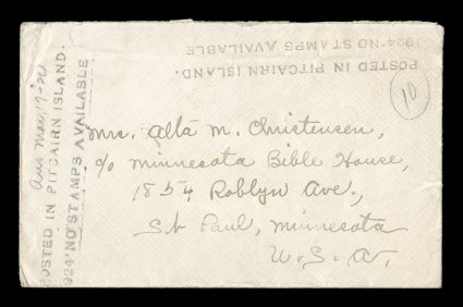  S.G. C4 var. Posted in Pitcairn Island.1924 No stamps available handstamp, two full strikes of this handstamp being very similar to Cachet III but dated 1924 instead of 1923,
plus including a period after Island and an apostrophe after 1