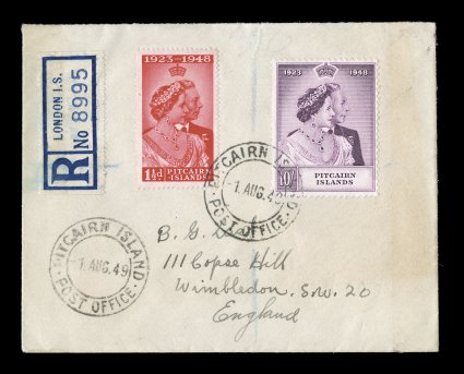 11-12, 1949 Silver Wedding Anniversary cplt. on registered FDC to England, stamps tied by Pitcairn IslandPost Office1 Aug. 49 c.d.s. with additional strike at left, accompanied
by rare original Post Office order form signed by Postmaster And