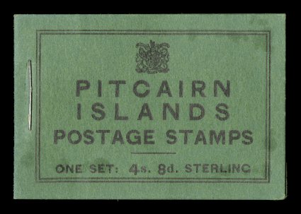 S.G. SB1, 1940 King George V complete booklet, a lovely hand manufactured booklet produced by the Fiji Government with a single stamp of each value of the first issue of
Pitcairn Island, covers are crisp with the long staple used in the manufact