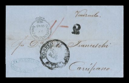 S.G. CC1, PaidatSan Juan Porto Rico Crowned-circle black handstamp, upright well struck example on folded cover to Carufiano, Venezuela, San Juan Porto RicoJY 29 1856
double-arc c.d.s. on reverse with similar St. Thomas transit, rate 1-