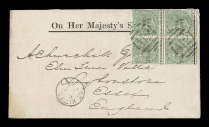 21, 1887 OnePenny. surcharge on 12p Green with pen line through the old value, a scarce block of four tied to 1887 O.H.M.S. cover to Essex in England by A12 in vertical oval of
bars cancel, St. KittsJU 9 87 c.d.s. at left, backstamped, a