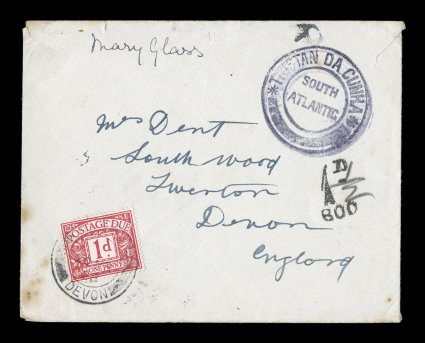 S.G. C2, Tristan Da CunhaSouth Atlantic black violet handstamp, Cachet II, strong strike on 1928 unfranked cover to England, handstamped 1d due marking which was changed to 1
12 in pencil but only a 1p Carmine rose postage due is tied by