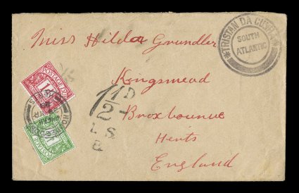 S.G. C2, Tristan Da CunhaSouth Atlantic black violet handstamp, Cachet II, excellent strike on 1928 unfranked cover to England, 1 12d postage due handstamp with 12p Emerald and
1p Carmine rose postage dues tied by strong HoodesdonHerts