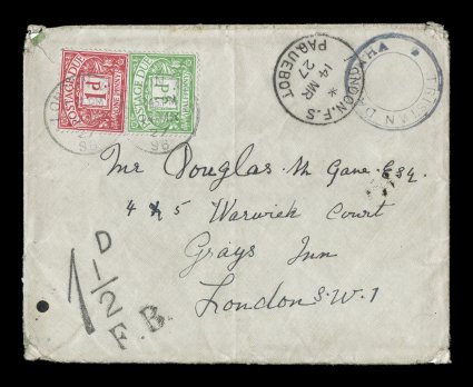 S.G. C3, Tristan Da Cunha black handstamp, Cachet III, clear strike on rare 1927 cover to England, London, F.S.Paquebot14 Mr 27 c.d.s. at left with sharp 1 12d postage due
handstamp of the foreign branch below, 12p Emerald and 1p Carmi